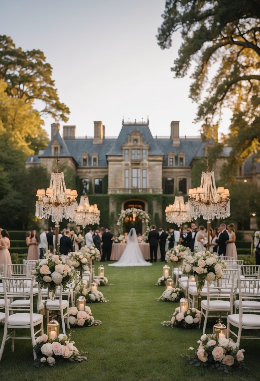 The Biltmore Estate with outdoor wedding decorations and guests in formal attire in a garden setting.