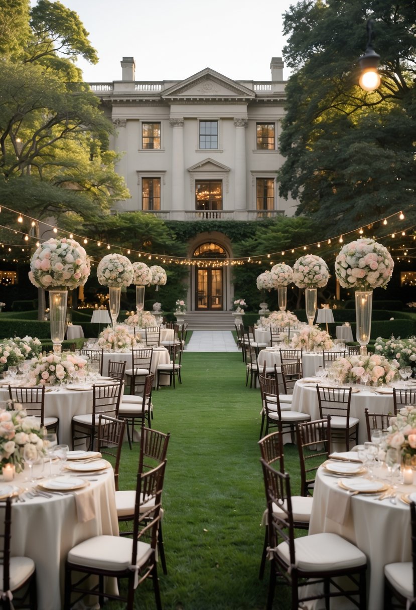 A grand historic mansion surrounded by manicured gardens with elegant outdoor wedding decorations including floral arrangements, tables, and seating.