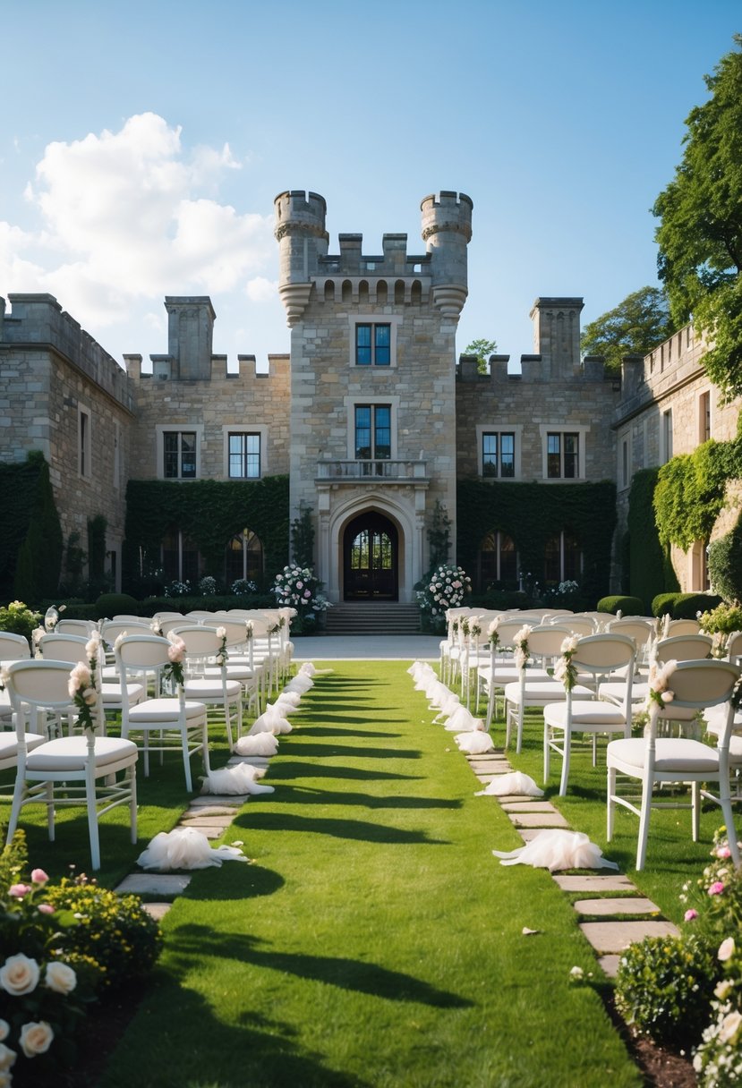 Oheka Castle with manicured gardens and white chairs set up for a wedding ceremony under a clear blue sky.