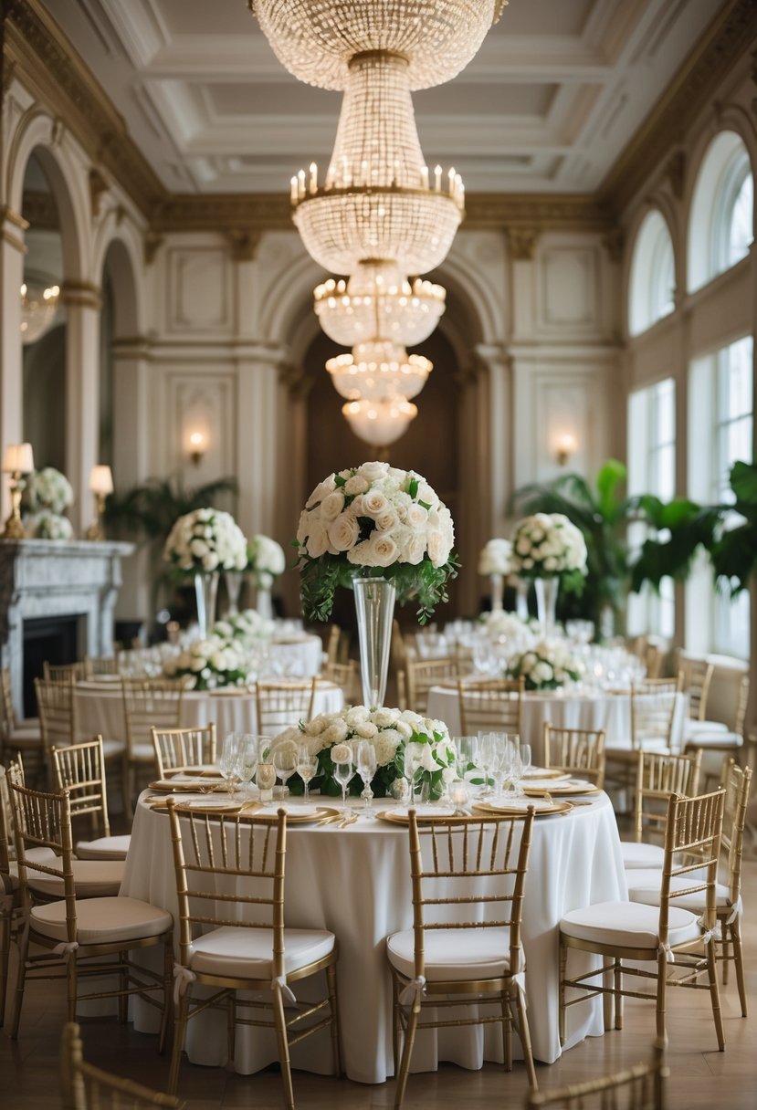 An elegant wedding venue inside The Plaza Hotel with decorated tables, chandeliers, and ornate architectural details.