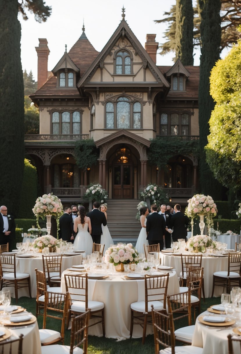 Historic Victorian mansion surrounded by gardens with an elegant outdoor wedding reception set up and guests mingling.
