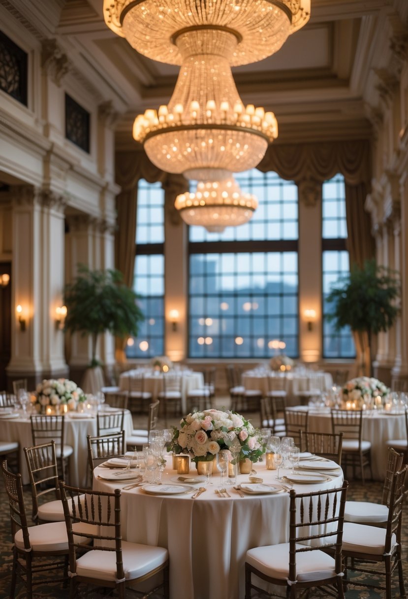 A luxurious wedding reception setup in a grand ballroom with elegant decorations and large windows showing a city view.
