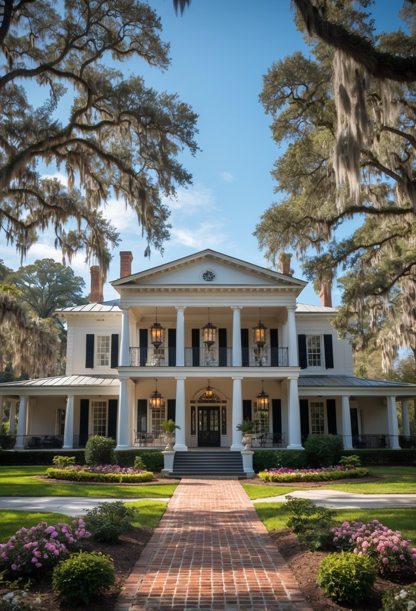 Exterior view of a grand historic mansion surrounded by lush gardens and tall oak trees with Spanish moss.