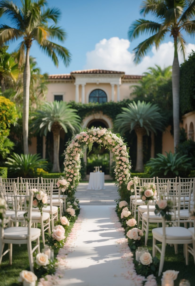 Outdoor wedding setup with white chairs and floral arch in a lush garden with Mediterranean-style buildings in the background.