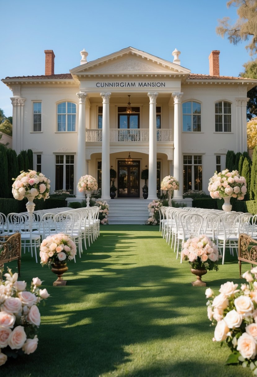 Exterior view of Cunningham Mansion with manicured gardens and outdoor wedding seating under clear skies.