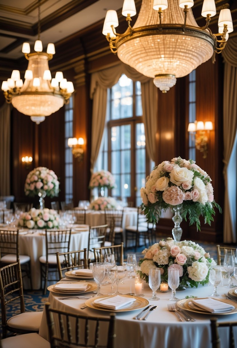 An elegant wedding ballroom with round tables, floral centerpieces, chandeliers, and classic decor at a luxury hotel.