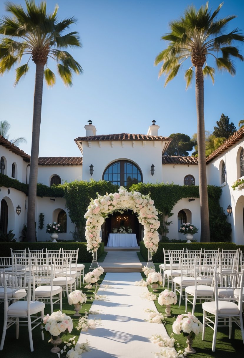 Outdoor wedding venue with Spanish colonial architecture, white chairs, floral decorations, and lush gardens under a clear sky.