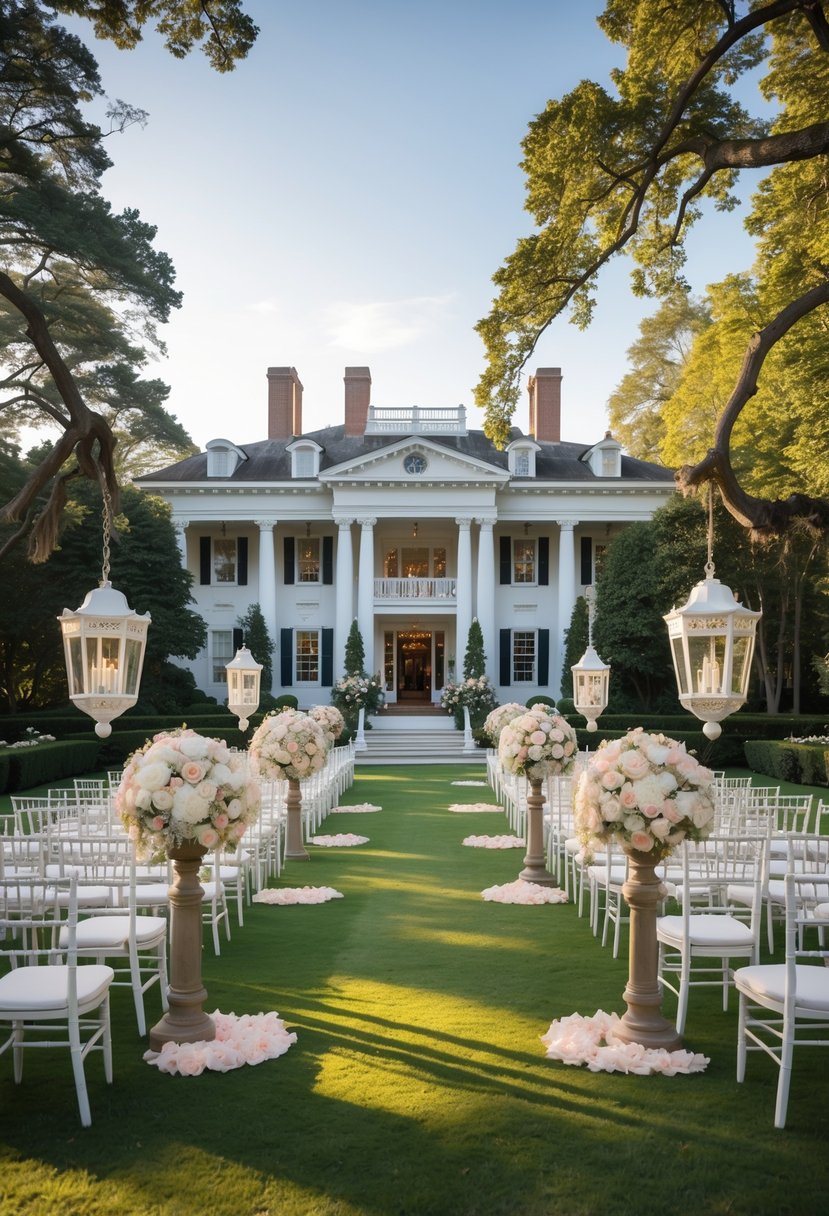 A grand historic mansion with white columns surrounded by green gardens and an outdoor wedding setup with white chairs and floral decorations on a sunny day.