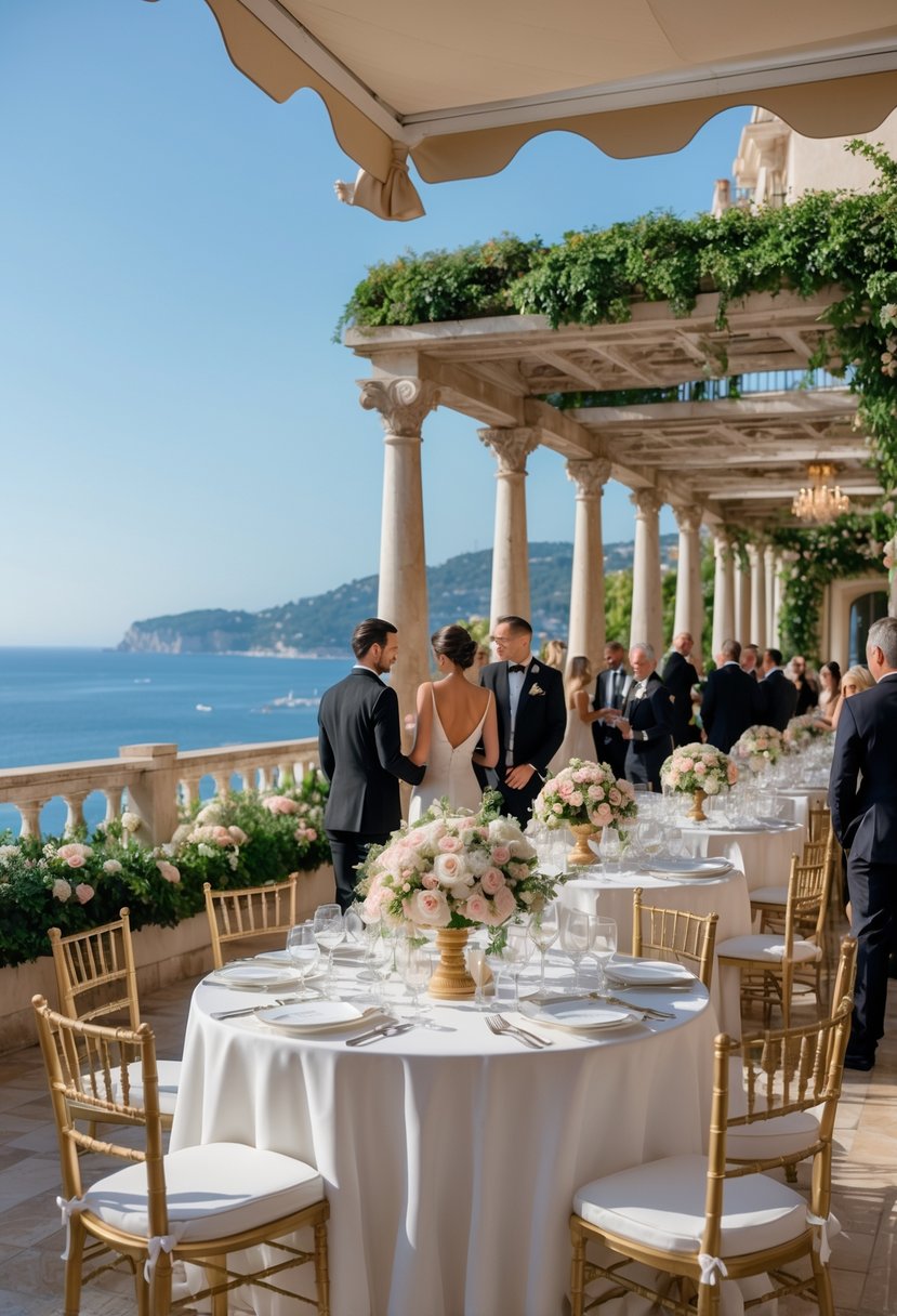 Outdoor wedding setup at a seaside terrace with elegantly dressed guests overlooking the Mediterranean Sea.