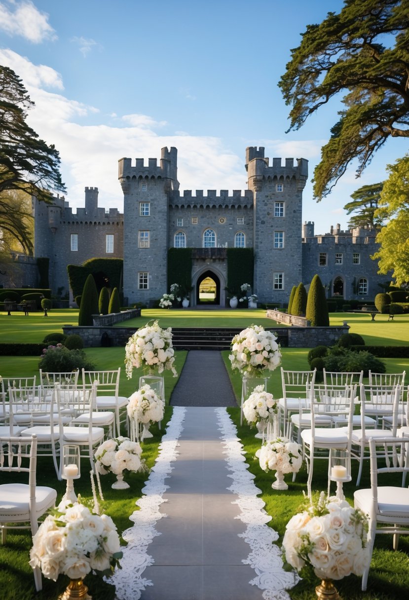 Ashford Castle in Ireland with an elegant outdoor wedding setup featuring white chairs, floral decorations, and lush greenery.