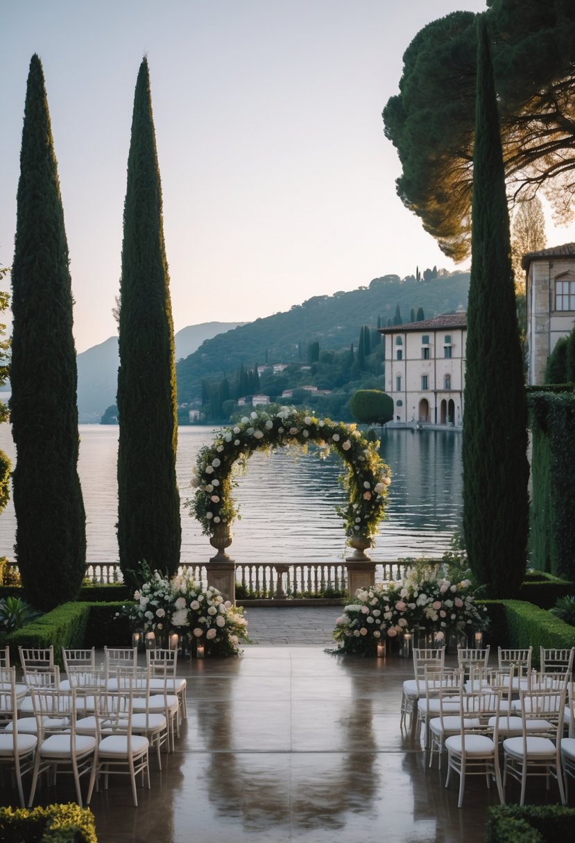Villa del Balbianello overlooking Lake Como with a wedding setup on a garden terrace surrounded by greenery and calm water.