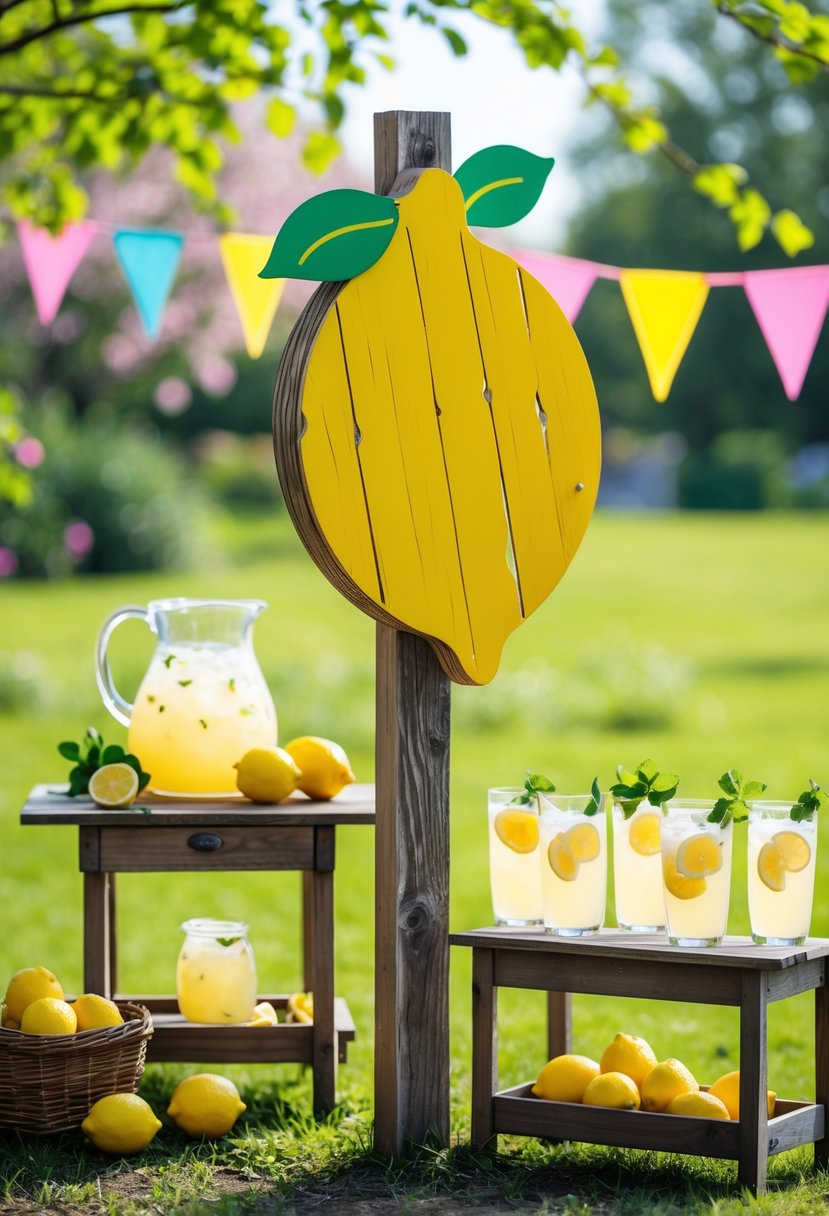 A lemon-shaped wooden signpost next to a lemonade stand with a pitcher of lemonade, glasses, fresh lemons, and colorful decorations in a sunny garden.