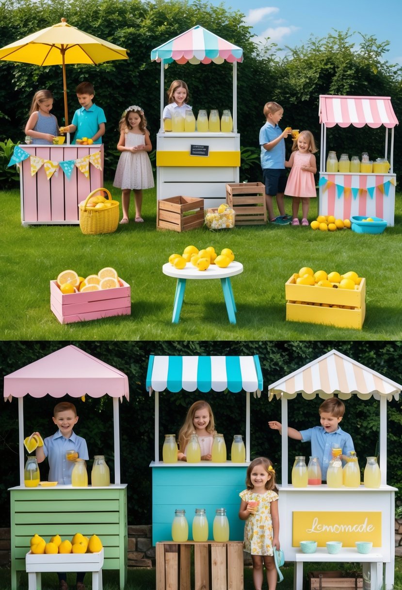 Fourteen colorful lemonade stands outdoors with children serving and families enjoying lemonade on a sunny day.