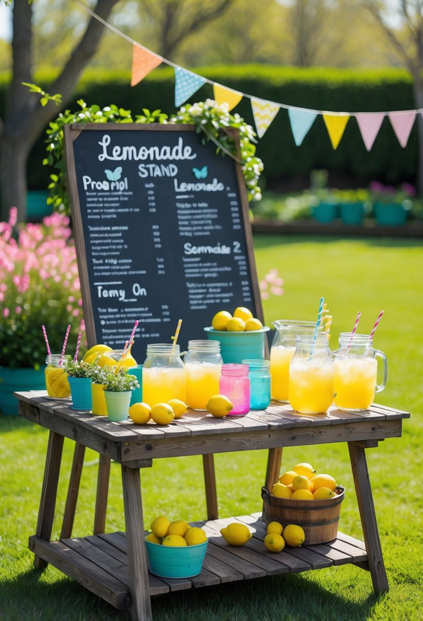 An outdoor lemonade stand with a wooden table, pitchers of lemonade, fresh lemons, a blank chalkboard menu board, and decorative plants and bunting in a sunny garden.