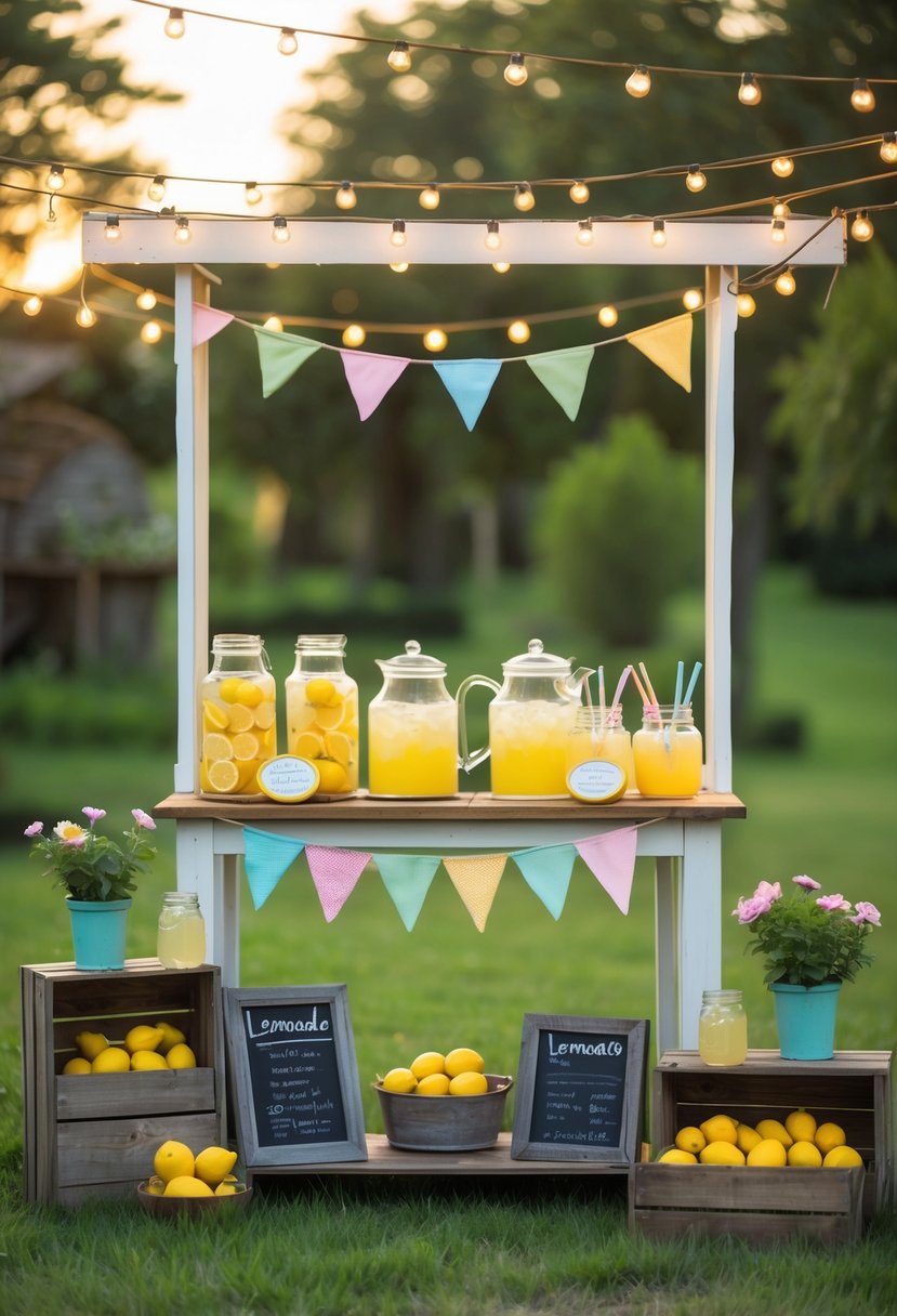 An outdoor lemonade stand decorated with string lights, lemons, and colorful pitchers under a canopy in a garden setting.