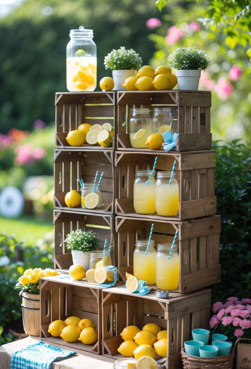 Outdoor lemonade stand with vintage wooden crates displaying lemons, pitchers of lemonade, jars with straws, and small plants in a garden setting.