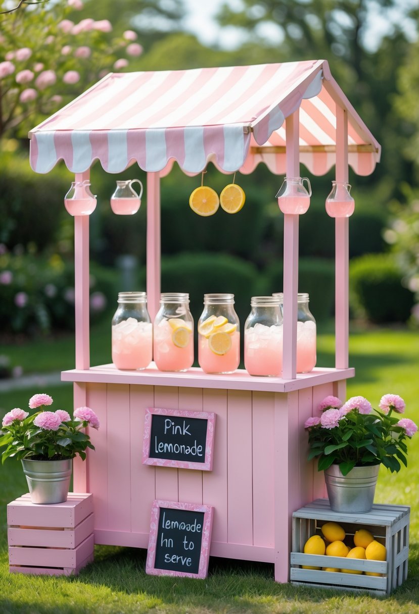 A pink wooden lemonade stand outdoors with pitchers of pink lemonade, cups, lemons, and plants in a sunny garden setting.