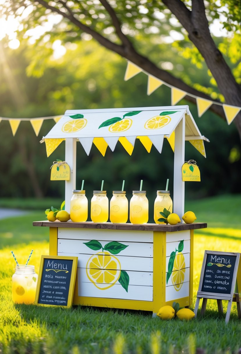 A lemonade stand decorated with hand-painted lemon graphics, surrounded by jars of lemonade and greenery outdoors.
