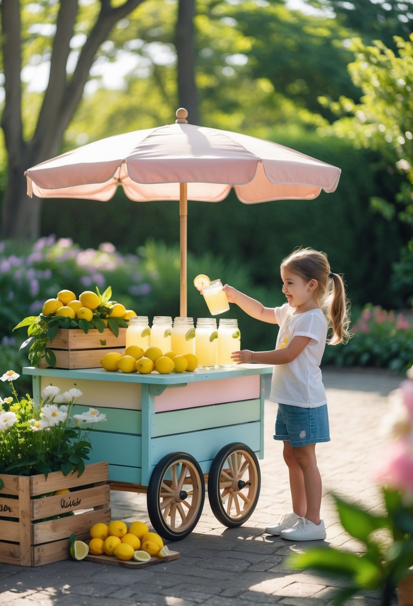 A rolling cart lemonade stand outdoors with fresh lemons, lemonade glasses, and a smiling vendor in a sunny garden setting.