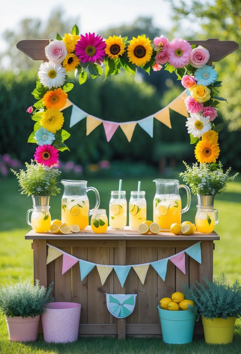 A lemonade stand decorated with a colorful floral garland and fresh lemons in a sunny garden.