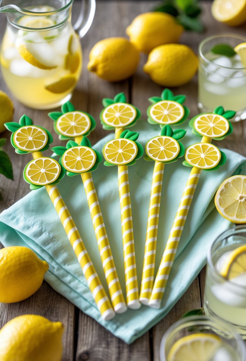 Custom lemon-themed drink stirrers displayed on a wooden table with fresh lemons, a pitcher of lemonade, and glasses with ice and lemon wedges.