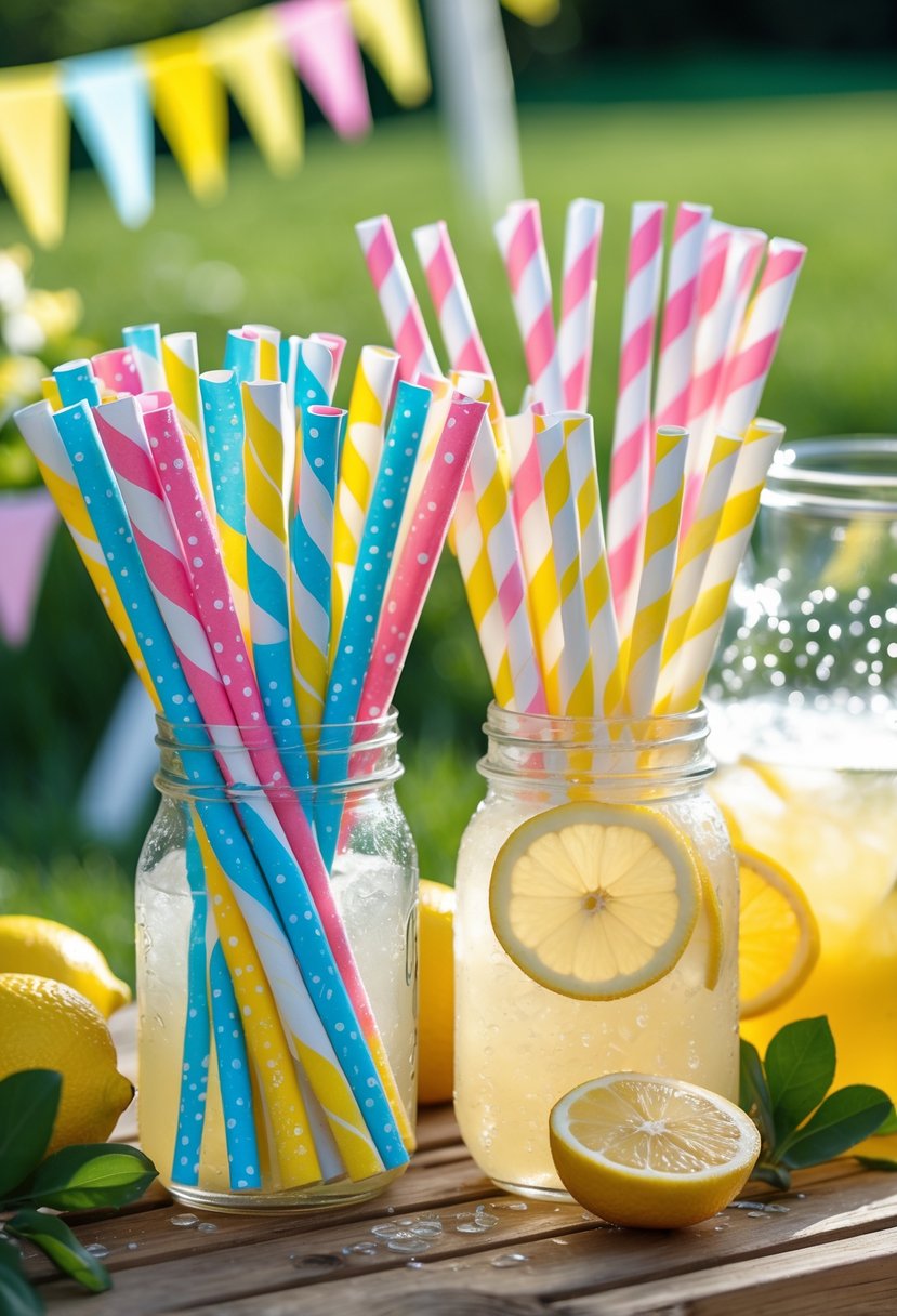 A lemonade stand with striped paper straws in jars, a pitcher of lemonade, fresh lemons, and decorative flowers on a wooden table outdoors.