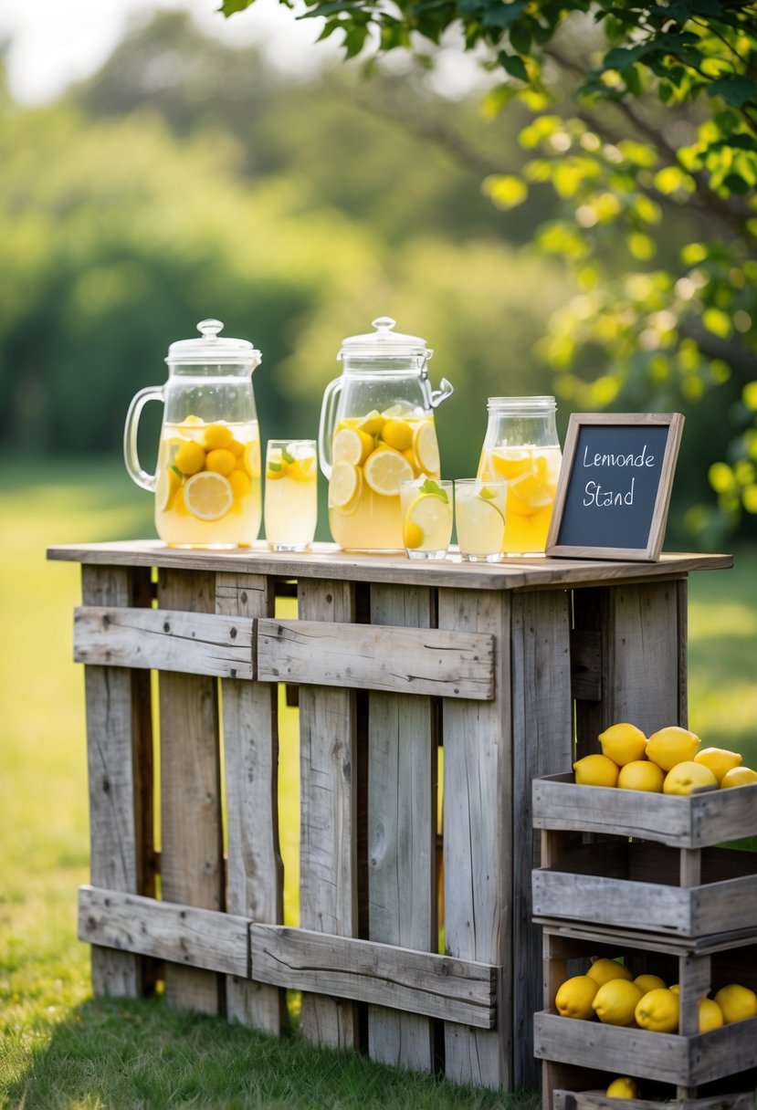 A rustic wooden lemonade stand outdoors with pitchers of lemonade, glasses, and lemons on display.