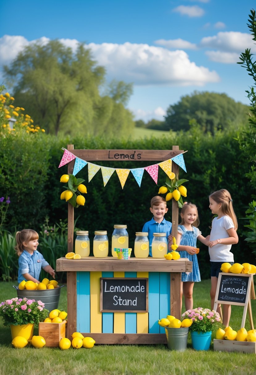 An outdoor lemonade stand decorated with lemons, flowers, and colorful bunting, with people enjoying lemonade on a sunny day.