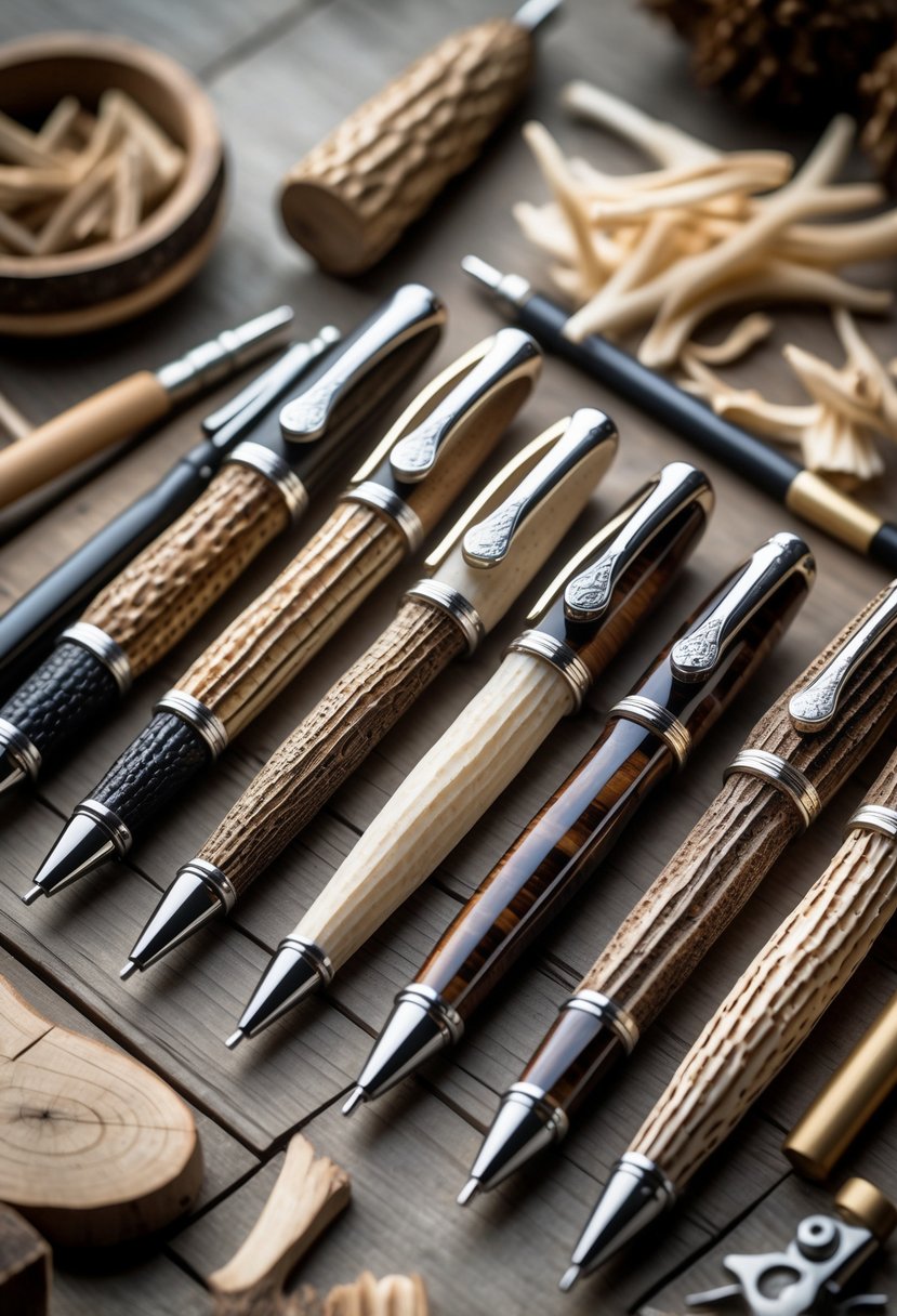 A collection of handcrafted writing pens made from deer antlers arranged on a wooden surface with carving tools nearby.