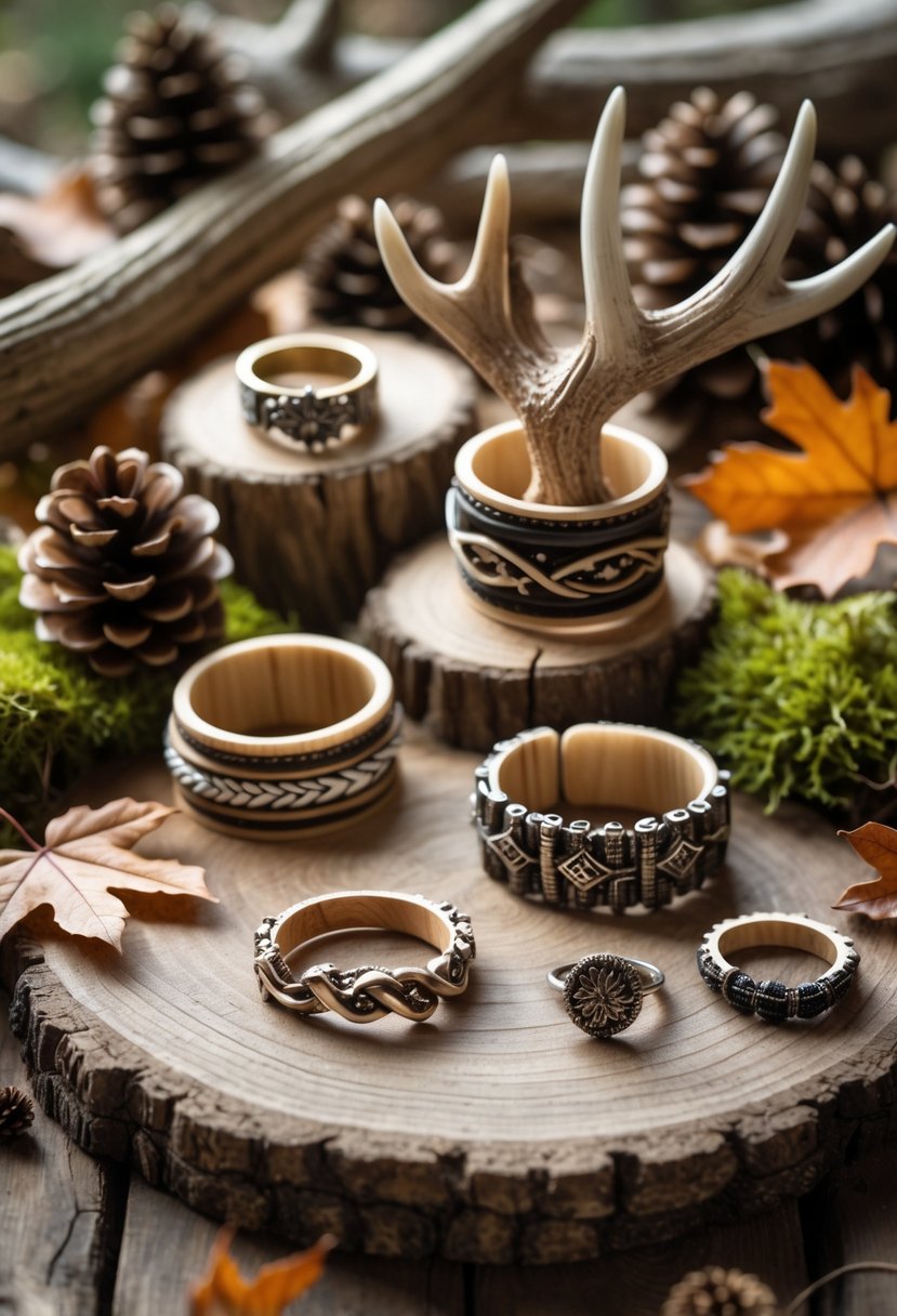 A collection of deer antler rings and jewelry arranged on a wooden surface with natural decorations like pine cones and leaves.