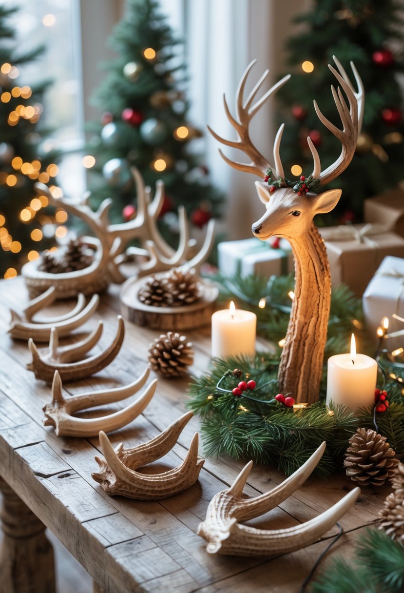 A collection of creative Christmas decorations made from deer antlers displayed on a wooden table with festive greenery and lights.