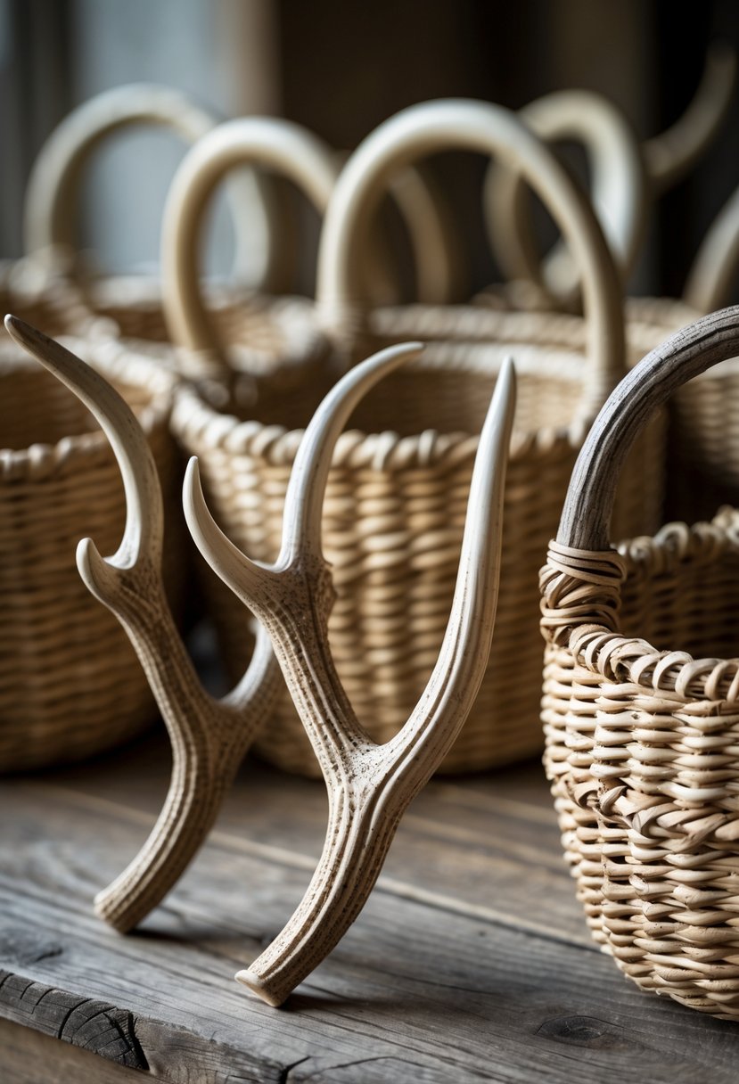 Baskets with handles made from deer antlers displayed on a wooden table.