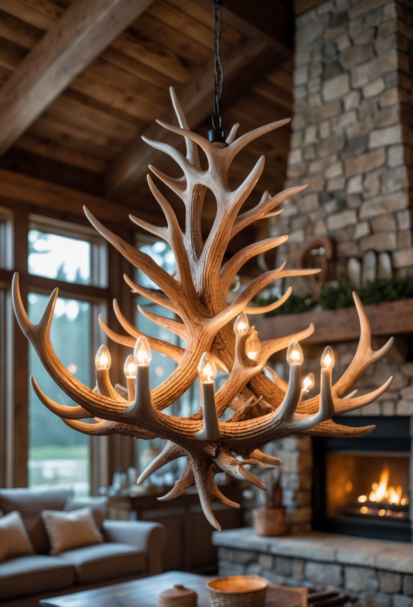 A chandelier made of intertwined deer antlers hanging in a rustic room with wooden beams and a stone fireplace.