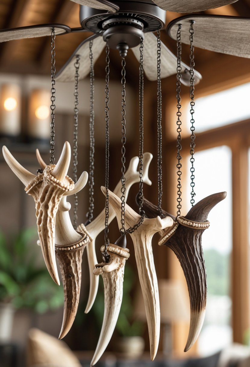 Close-up of various deer antler ceiling fan pull chains hanging from a wooden ceiling fan in a rustic interior.