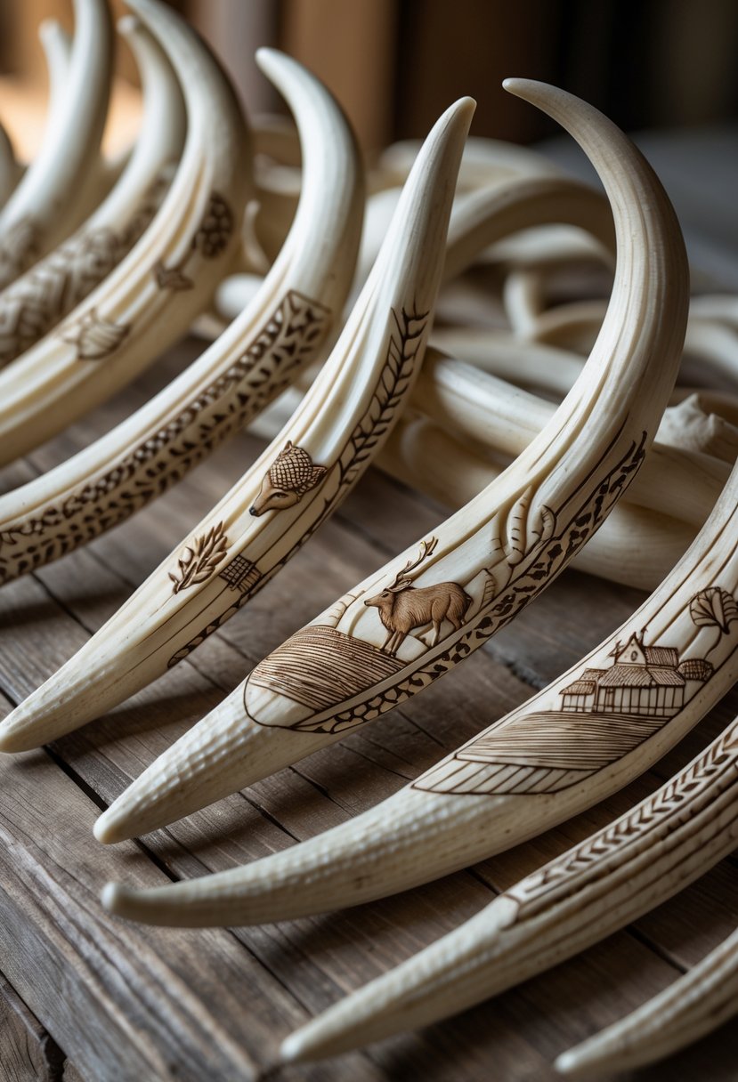 A collection of 15 intricately carved deer antlers arranged on a wooden surface, each displaying detailed scrimshaw art designs.