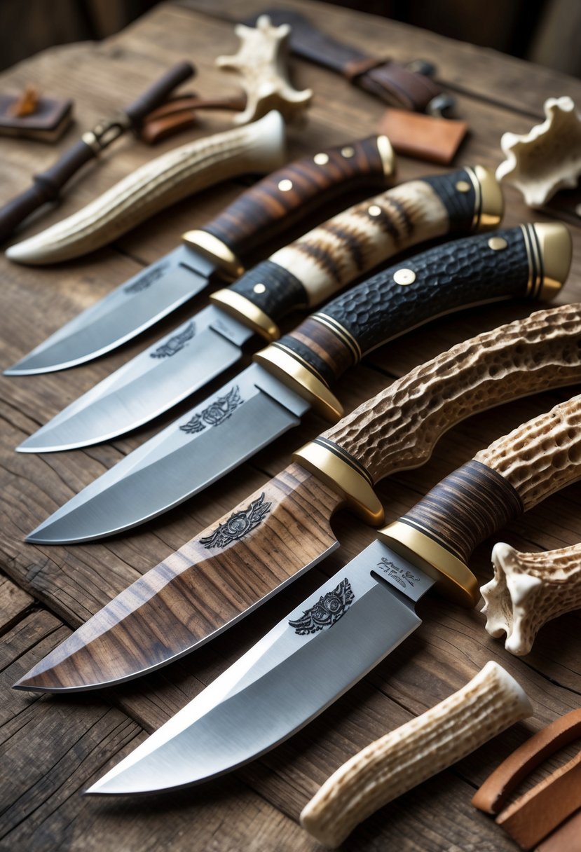 A collection of knives with deer antler handles arranged on a wooden surface, showing detailed craftsmanship and natural textures.