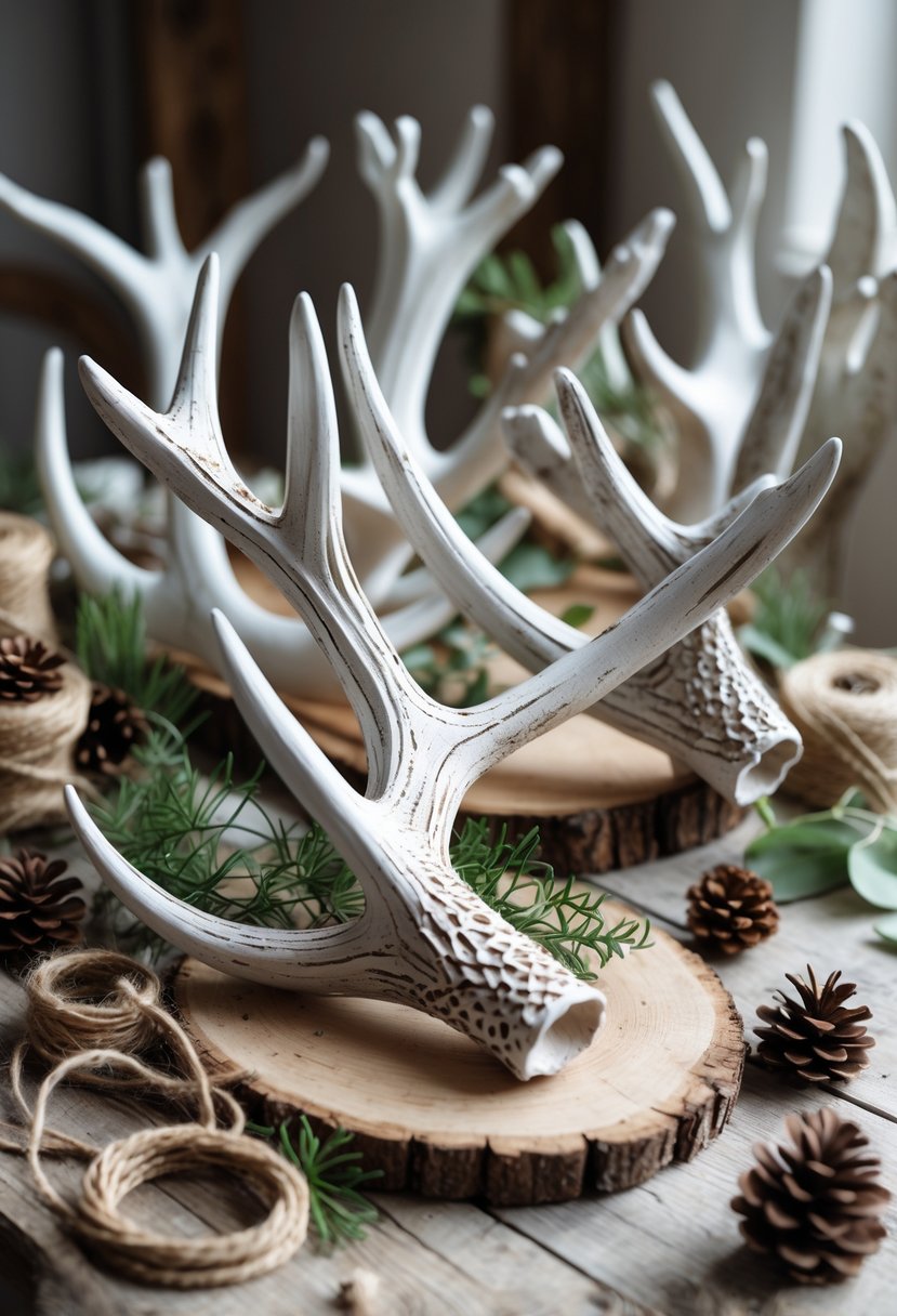 A collection of white painted deer antlers arranged on a wooden table with craft materials around them.