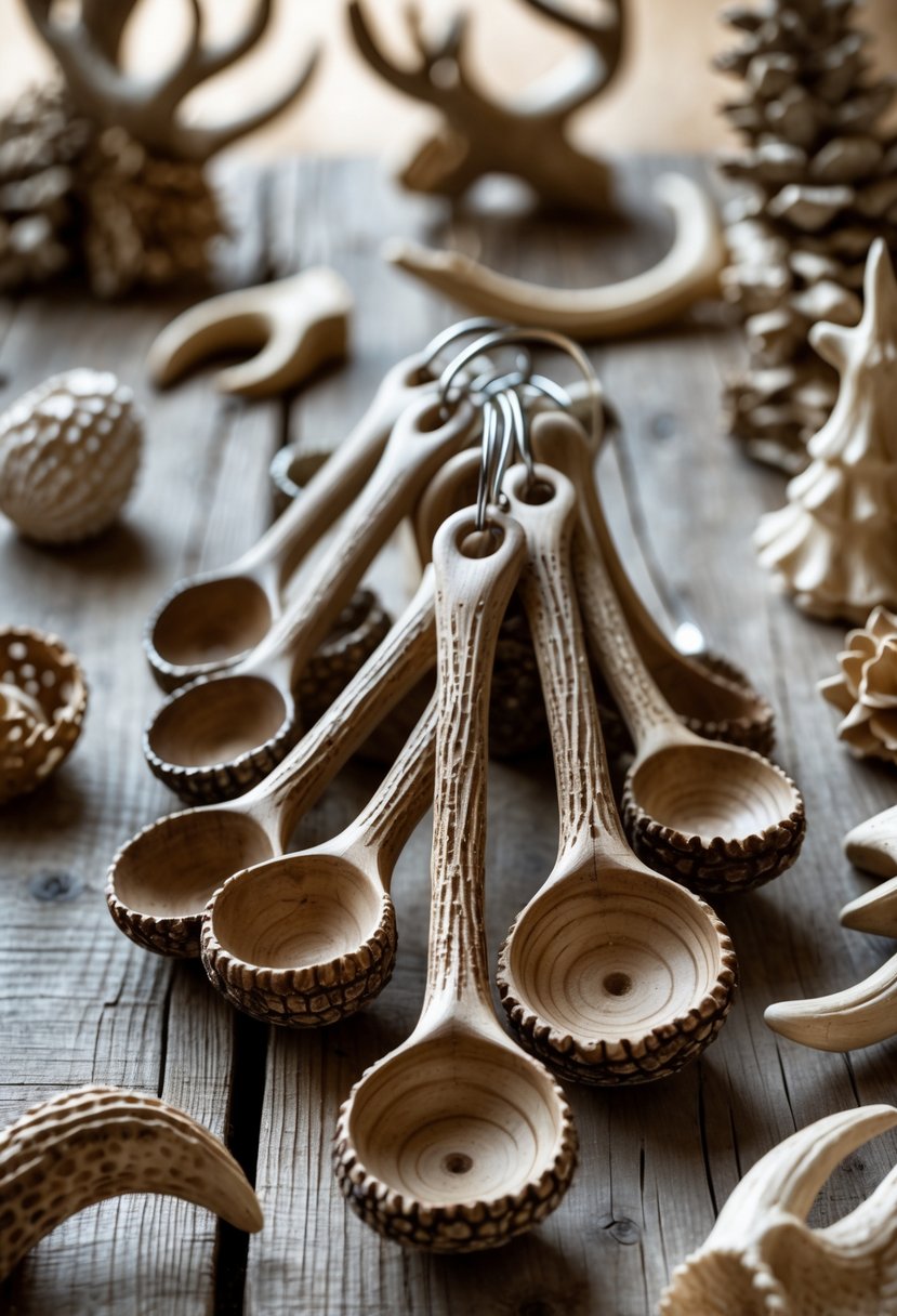 A set of antler-shaped measuring spoons displayed on a wooden surface surrounded by various deer antler craft items.