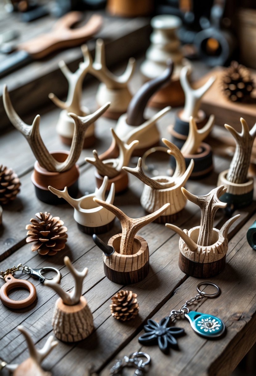 A collection of handcrafted deer antler whistles and other deer antler crafts arranged on a wooden table in a workshop setting.