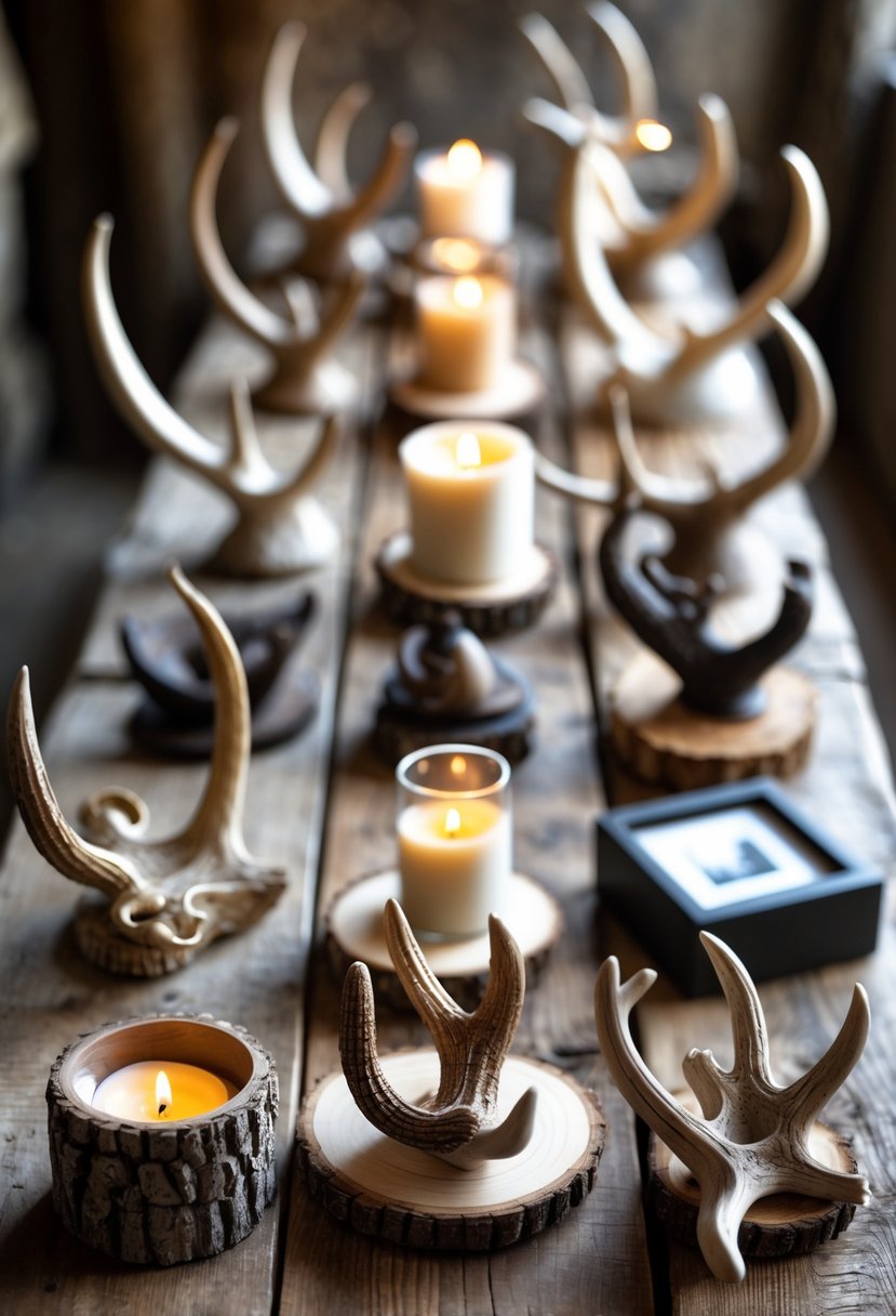 A collection of 15 creative deer antler crafts displayed on a wooden table, including candle holders, jewelry stands, and small sculptures.