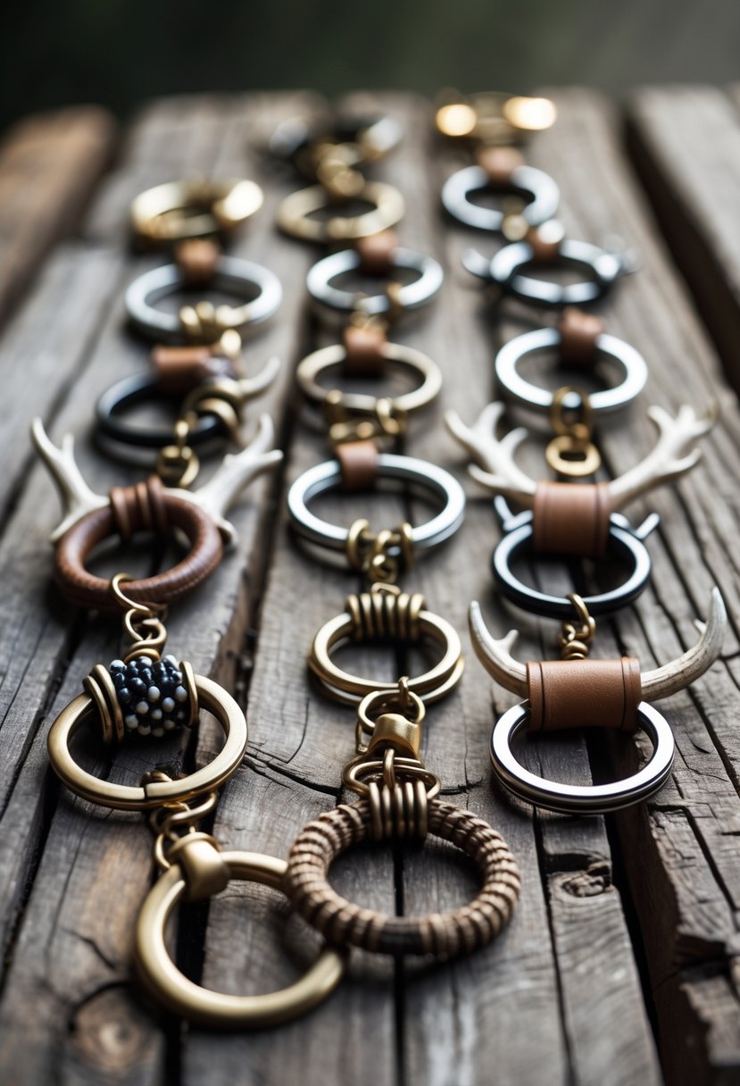 A collection of 15 deer antler key rings displayed on a wooden surface, each with unique designs and decorative elements.