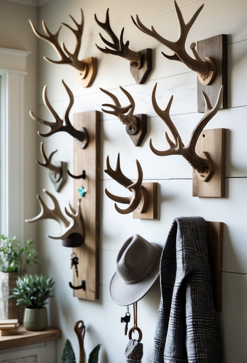 A collection of 15 deer antler wall hooks mounted on a wooden wall, some holding keys, hats, and coats.