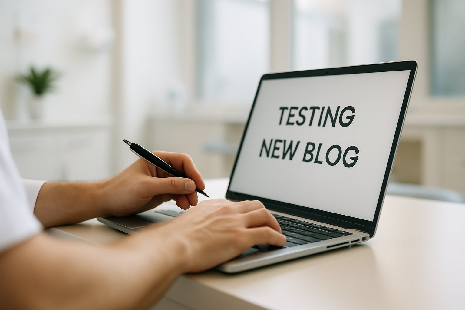 Person working on a laptop in a clean, modern clinic setting.