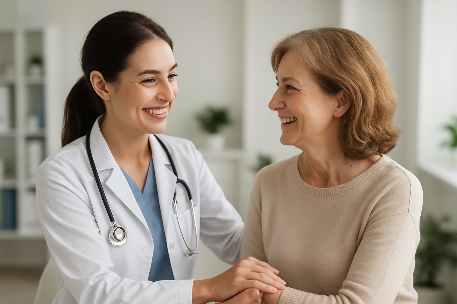 A healthcare professional and a patient sharing a warm moment inside a modern clinic.
