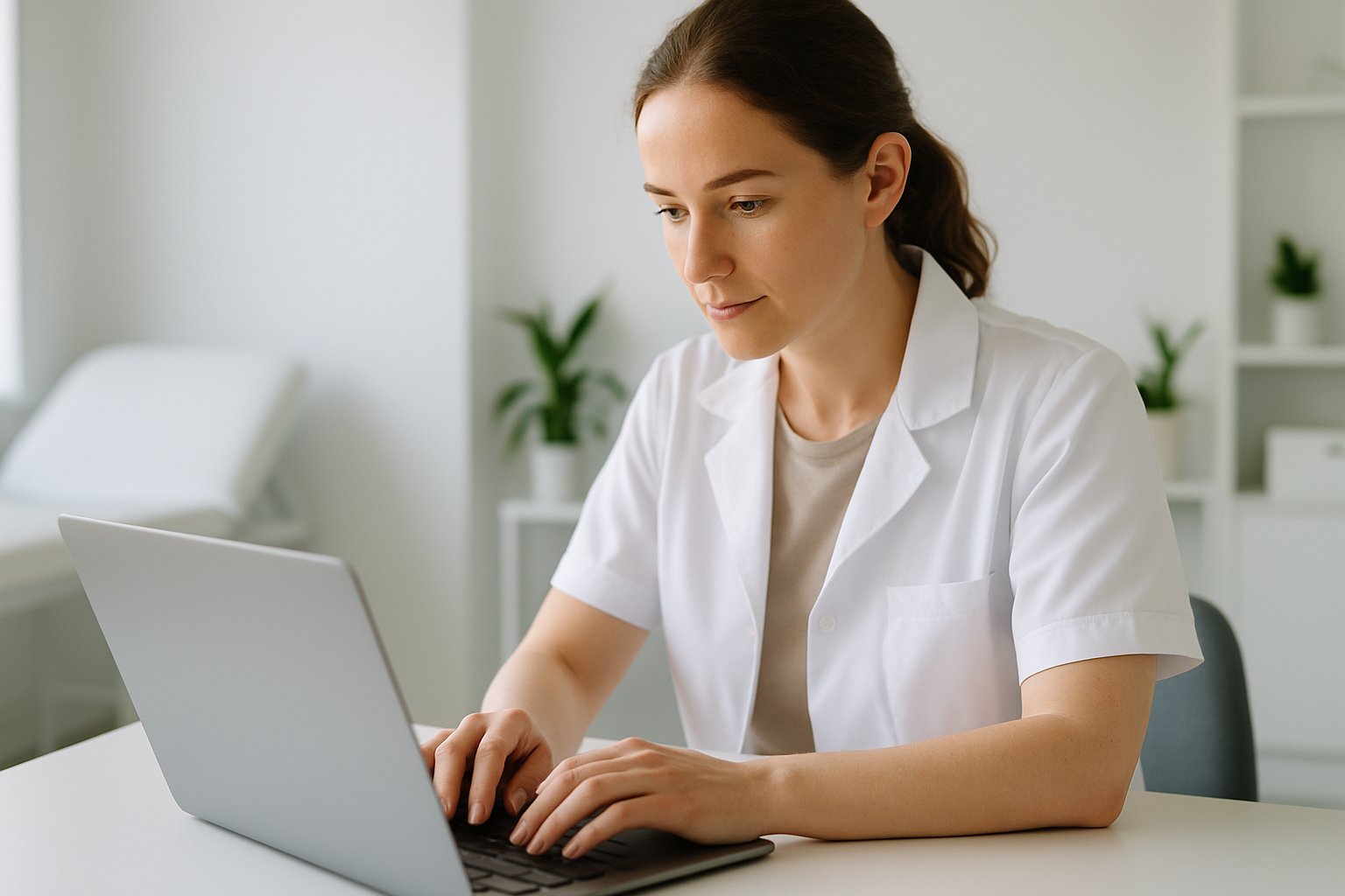 A person working on a laptop in a clean, modern clinic room, focused and engaged.