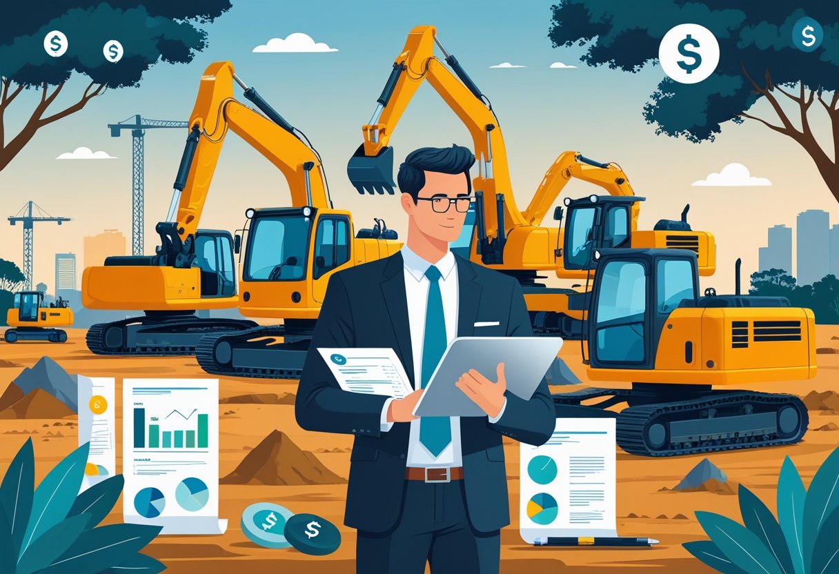 A construction site with excavators working, a business professional reviewing financial documents, and Australian landmarks in the background.