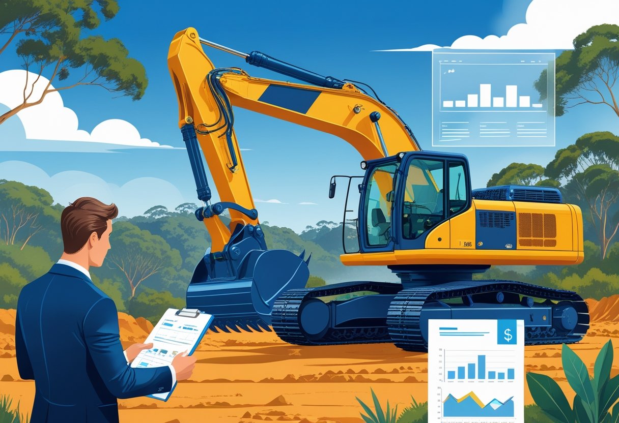 A construction site in Australia with an excavator and a business professional reviewing documents, with financial charts overlayed in the scene.