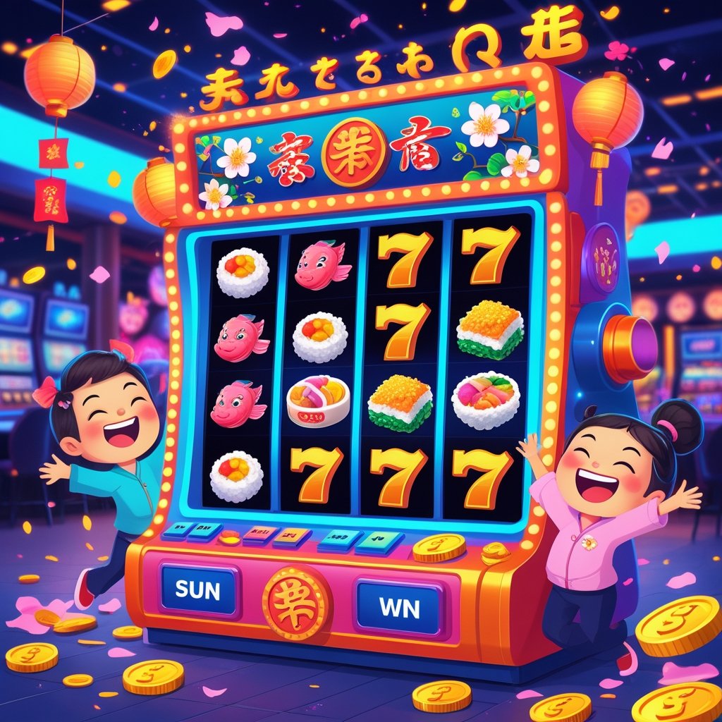 Mesin slot berwarna cerah dengan simbol makanan Jepang dan karakter yang merayakan kemenangan di latar kasino yang meriah.