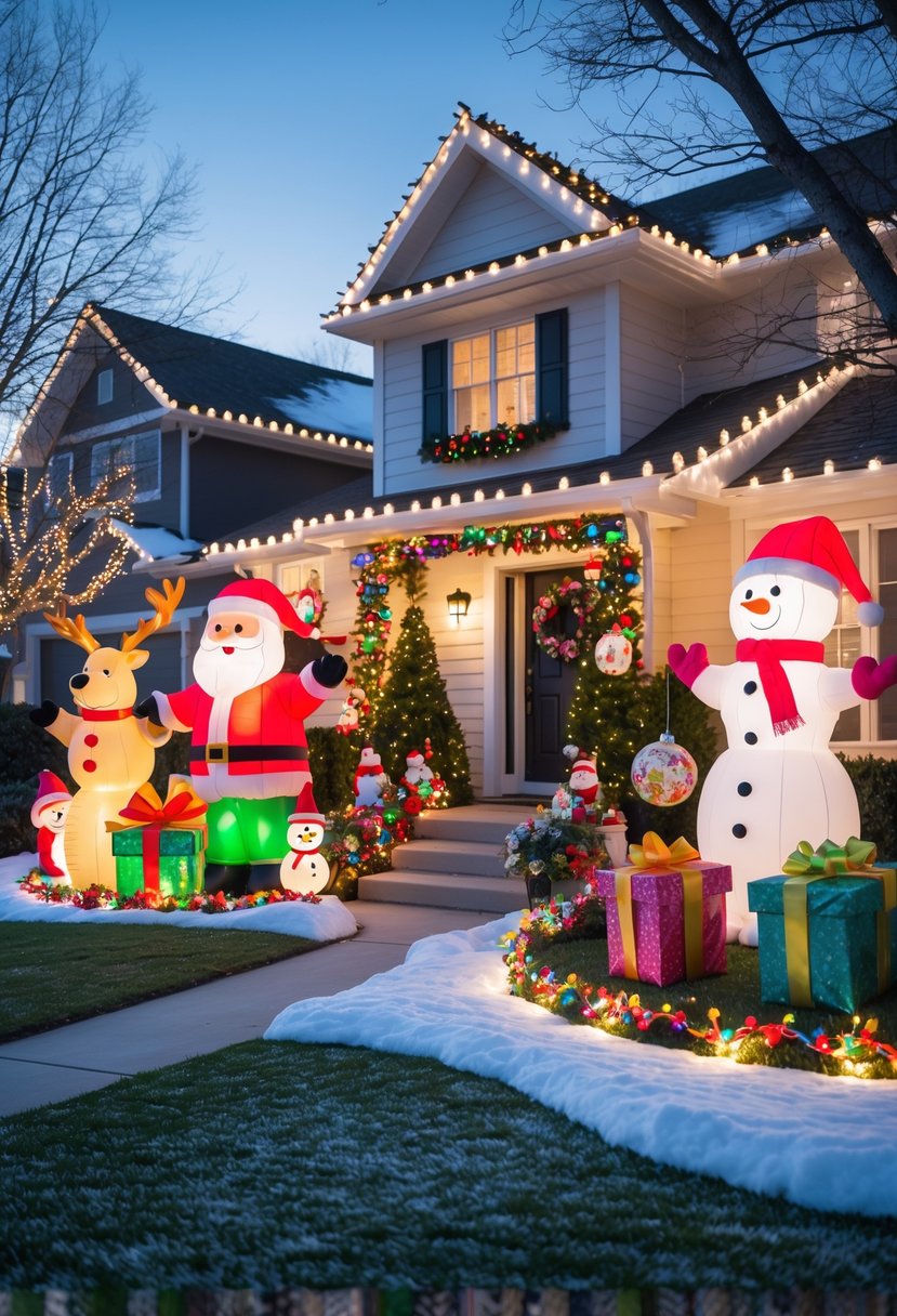 Christmas Yard Decorations Ideas 2025: 22 Inspiring Ways to Elevate Your Outdoor Display 2 A suburban front yard decorated with Christmas lights, inflatable holiday figures, glowing ornaments, and wrapped gift boxes, with a snowy lawn and a lit pathway leading to the house.