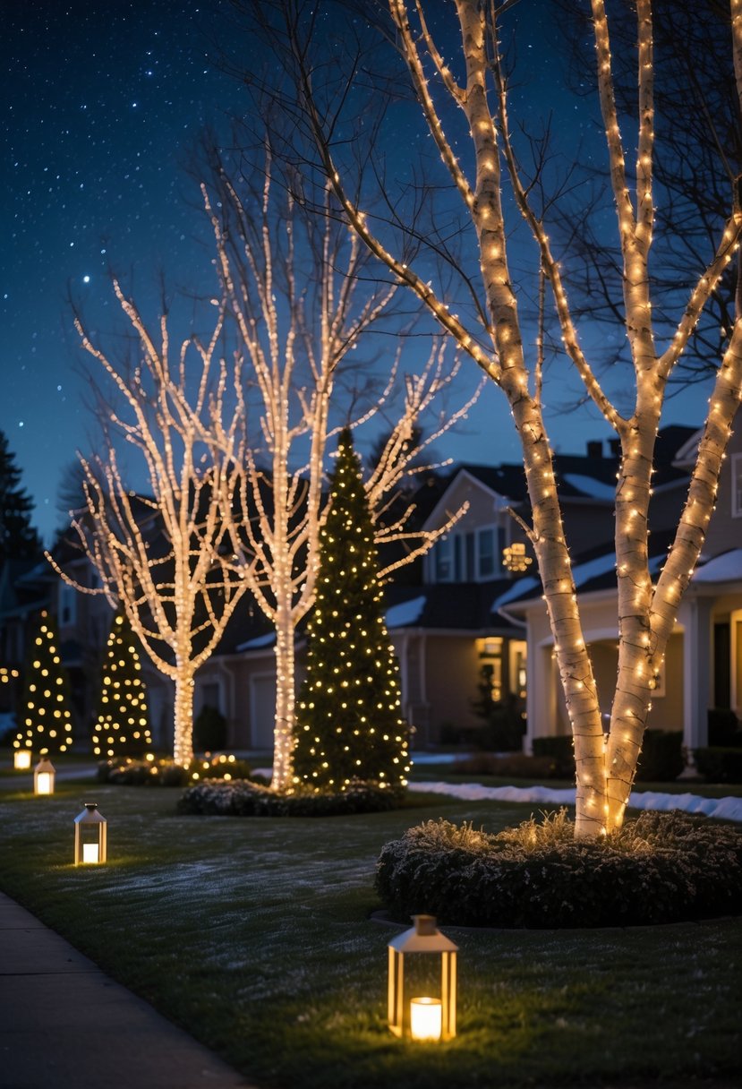 Christmas Yard Decorations Ideas 2025: 22 Inspiring Ways to Elevate Your Outdoor Display 3 Trees wrapped in twinkling LED string lights illuminating a decorated yard at night during Christmas.